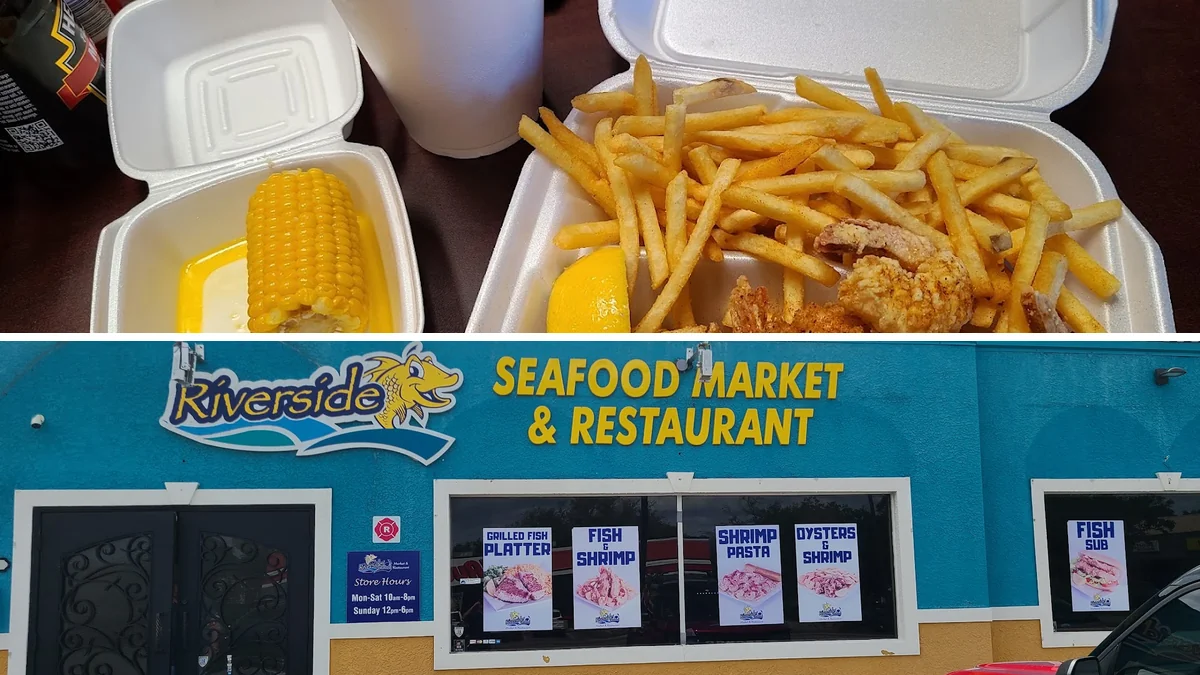 Simple seafood restaurant interior with display cases