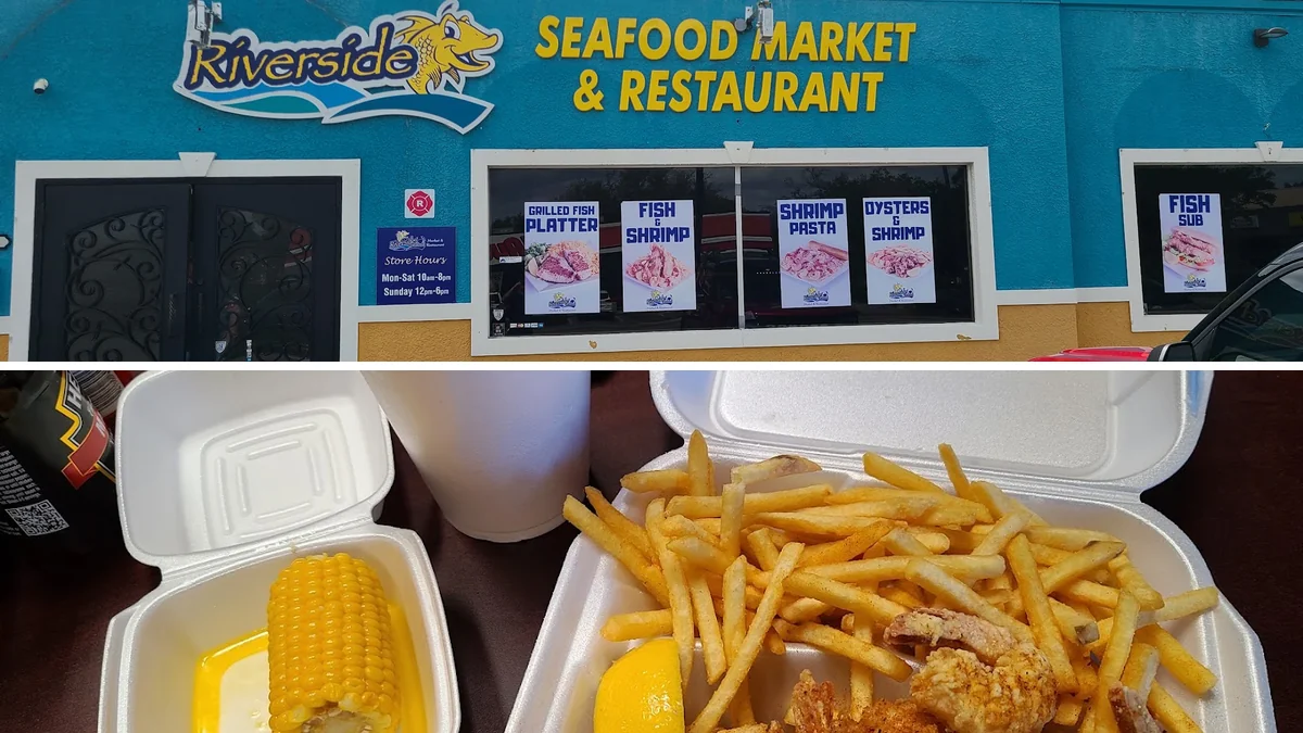 Seafood counter inside Riverside Seafood Market & Restaurant
